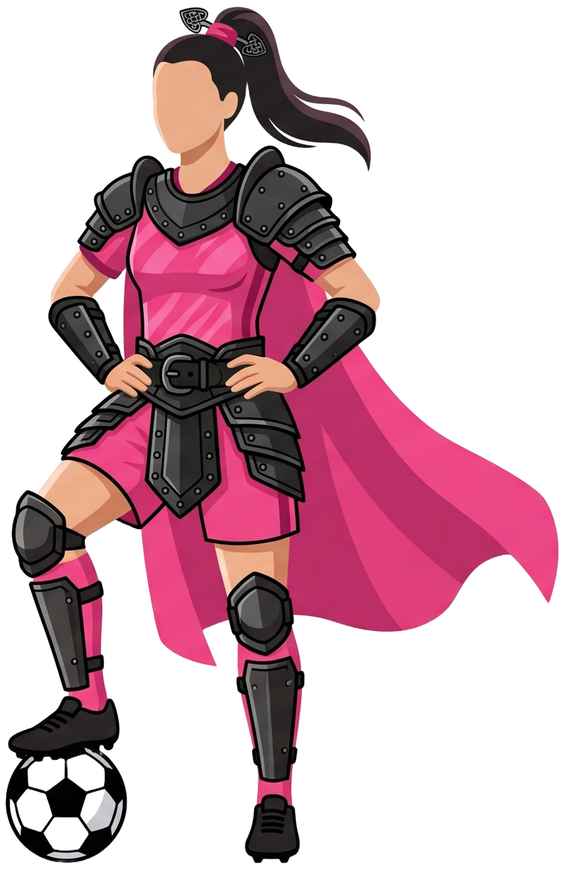 Illustrated footballer in pink armor and cape, resting one boot on a ball