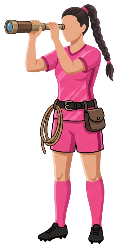 Illustrated footballer in a pink kit scouting through a spyglass